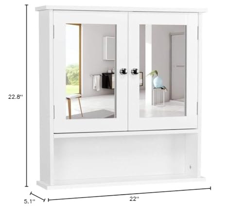 Gerrit Bathroom Wall Mount Medicine Cabinet w/Adjustable Shelves & 2 Mirror Door, White, rxz001