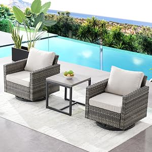 HUMMUH Patio Swivel Chairs Set of 2,PE Wicker Outdoor Rocker Chairs Bistro Set Porch Balcony Furniture with Beige Cushions