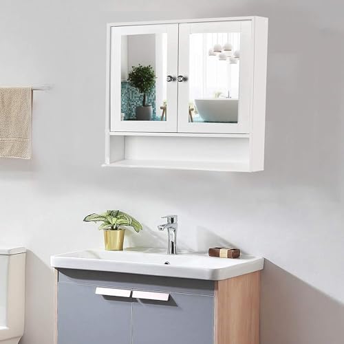 Gerrit Bathroom Wall Mount Medicine Cabinet w/Adjustable Shelves & 2 Mirror Door, White, rxz001