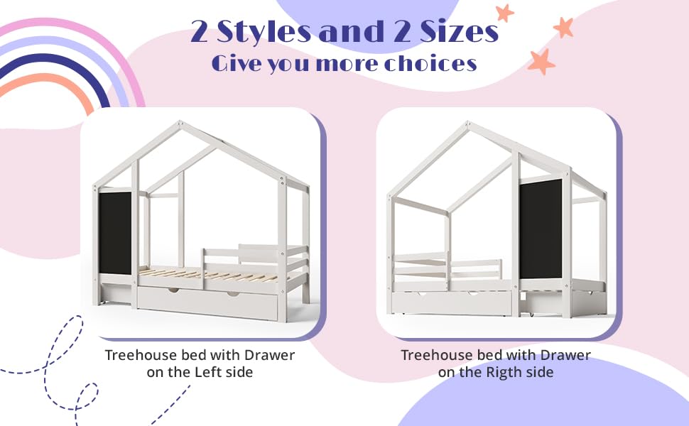 DNYN Twin Size House Bed with Storage Drawers for Kid Bedroom,Solid Wood Platfrom Bedframe w/Blackboard Design,Super Save Space & No Box Spring Needed, White