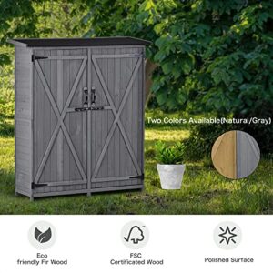 EOVTK Outdoor Wood Storage Shed, 5.3x4.6FT Garden Tool Organizer, Outdoor Storage Cabinet with Waterproof Asphalt Roof & Double Lockable Doors for Backyard Patio, Gray