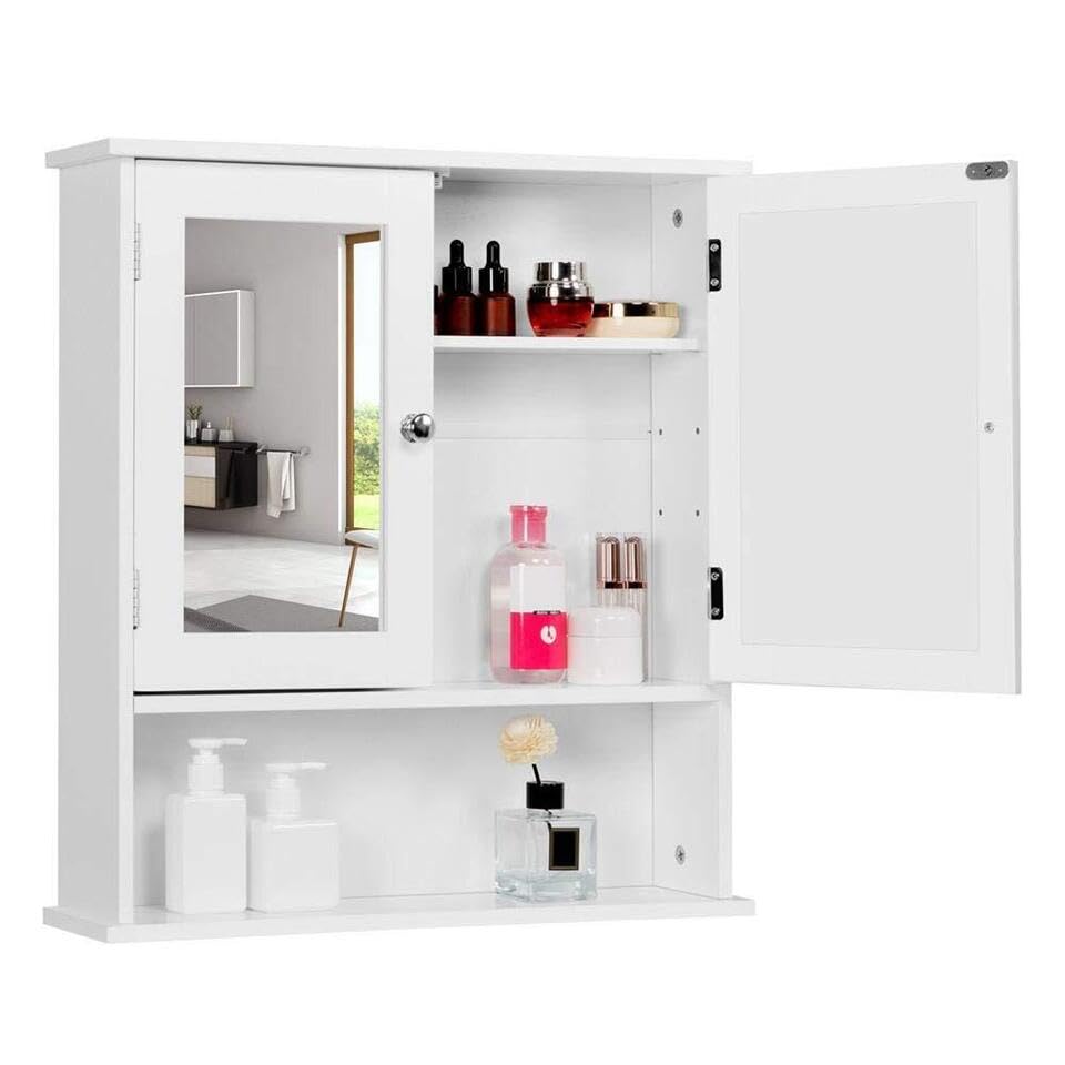 Gerrit Bathroom Wall Mount Medicine Cabinet w/Adjustable Shelves & 2 Mirror Door, White, rxz001