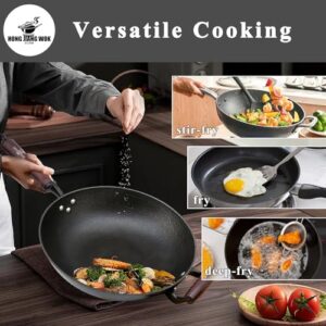 Cast Iron Wok Pan, 14.2" Preseasoned Nonstick Stir-Fry Pans, Flat Bottom Wok with Glass Lid and Wood Handle, Uncoated Traditional Chinese Wok for Induction, Electric, Gas Stoves