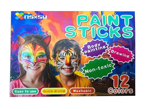 nsxsu 12 Colors Face Paint Sticks for Kids, Washable Face Painting for Toddlers and Students, Birthday Makeup Party Supplies, Kids Stocking Stuffers, Mess-Free Girls Boys Face Painting Kits