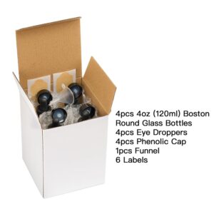 4PK 4oz(120ml) Clear Glass Bottles with Droppers and Phenolic Caps. 120ml Dropper Bottle with Corrosion Resistant Nitrile Rubber and Not Faded Markings. 4oz Bottles with Caps for Juice, Hot Sauces.