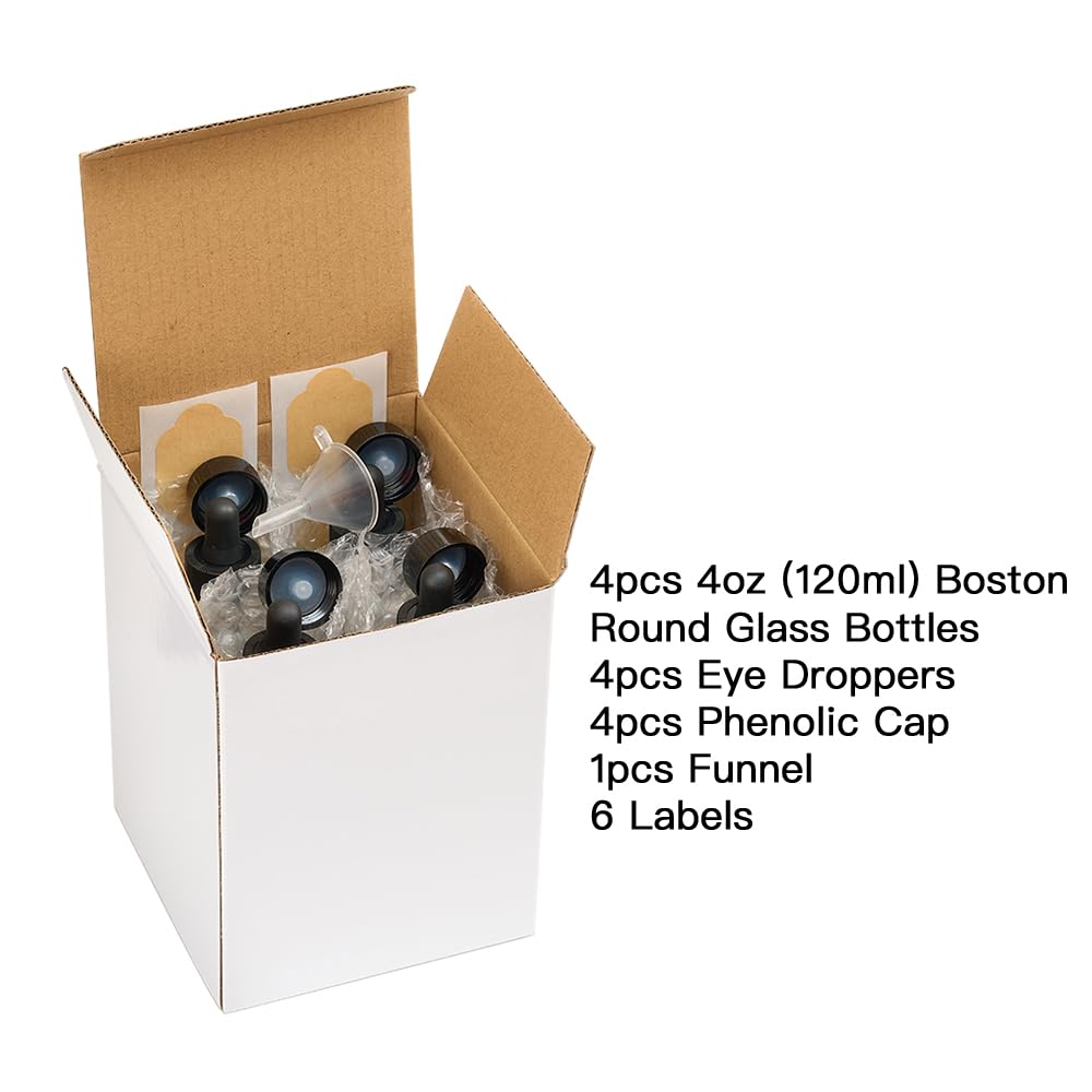 4PK 4oz(120ml) Clear Glass Bottles with Droppers and Phenolic Caps. 120ml Dropper Bottle with Corrosion Resistant Nitrile Rubber and Not Faded Markings. 4oz Bottles with Caps for Juice, Hot Sauces.