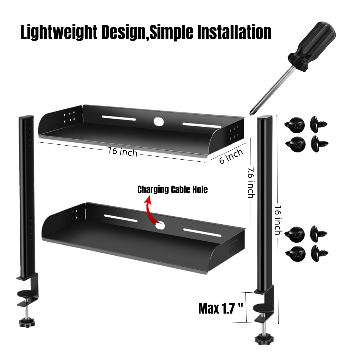 CanKing Clamp On Desk Shelf Black Clip Above or Under Table Shelves Light-Weight 2 Tier 6" D x 16" W x 16" H