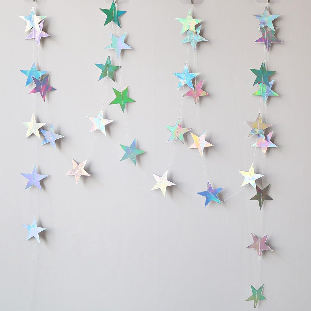 Iridescent Shining Star Hanging Garland Iridescent Hanging Sparkling Star Streamer Glitter Star Bunting Banner Twinkle Star Backdrop for Wedding Baby Shower Birthday Christmas Decorations 40 Feet