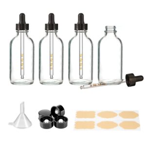 4pk 4oz(120ml) clear glass bottles with droppers and phenolic caps. 120ml dropper bottle with corrosion resistant nitrile rubber and not faded markings. 4oz bottles with caps for juice, hot sauces.