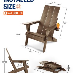 POWERWOOD Modern Adirondack Chair, Oversized HDPE Folding Adirondack Chairs Wood Texture, Higher Back Weather Resistant Adirondack Chair Set with Cup Holder, Fire Pit Chairs for Outdoor Patio (Teak)