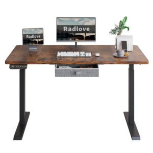 Radlove Dual Motors Height Adjustable 55 x 30'' Electric Standing Desk with Drawer Stand Up Table 4 Memory Keys, Computer Desk with Splice Board Home Office Desk, Rustic Brown Top + Black Frame