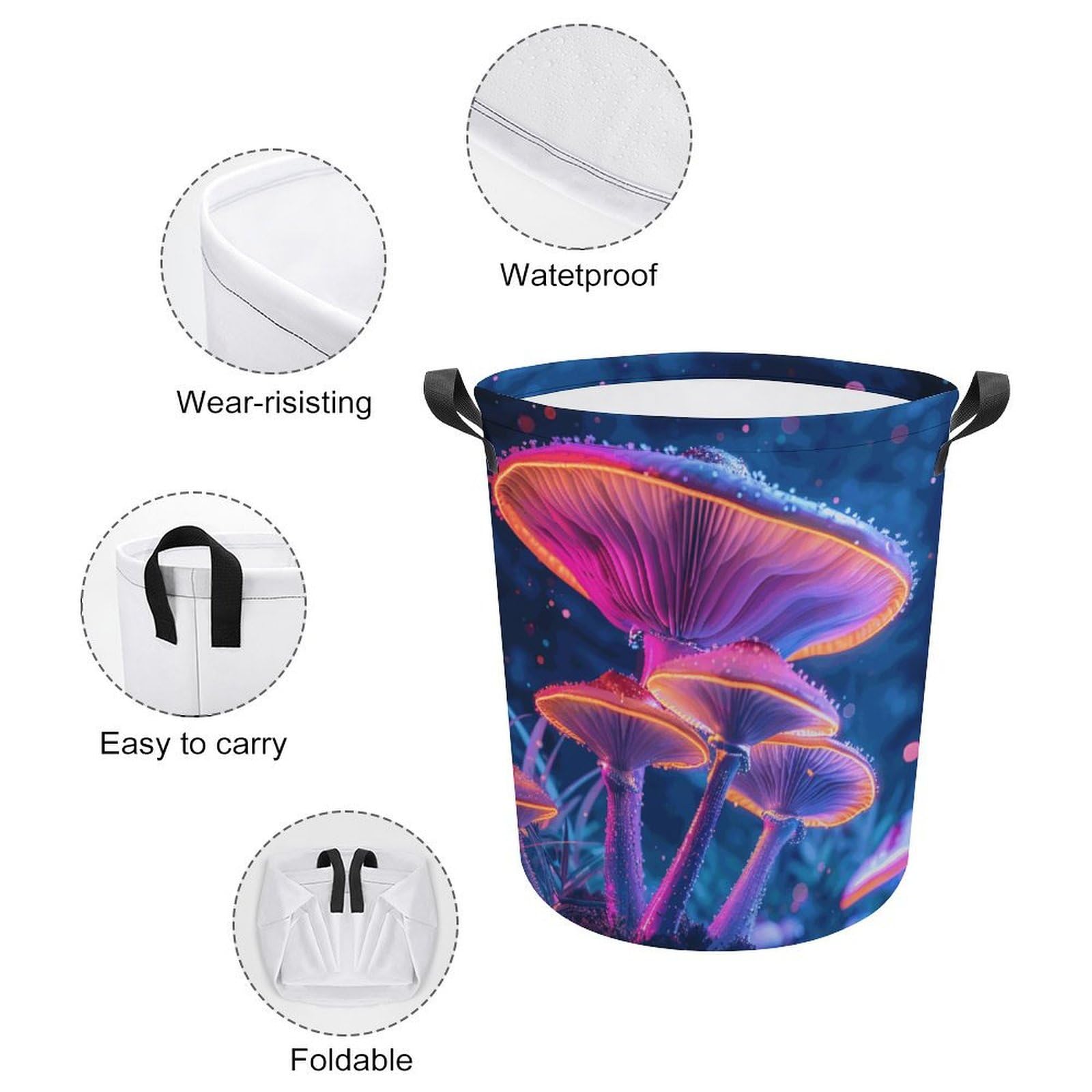 TsyTma Bright Neon Mushrooms Small Laundry Basket for Bedrooms Colorful Collapsible Round Laundry Hamper with Handles Round Toy Bin for Dirty Clothes Bathroom