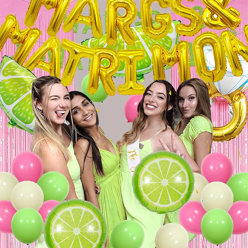 Margs and Matrimony Bachelorette Party Decorations,20pcs Marg Margarita Banner Lime and Diamond Ring Balloons, Mexican Fiesta Cinco De Mayo Backdrop,Taco Bar Decor for Carnival Bridal Shower Supplies