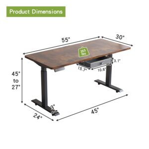 Radlove Dual Motors Height Adjustable 55 x 30'' Electric Standing Desk with Drawer Stand Up Table 4 Memory Keys, Computer Desk with Splice Board Home Office Desk, Rustic Brown Top + Black Frame