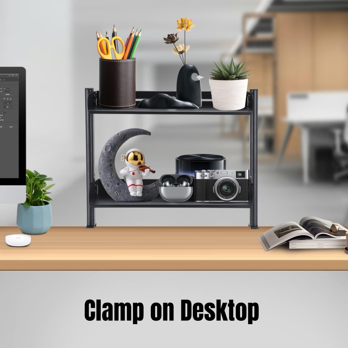 CanKing Clamp On Desk Shelf Black Clip Above or Under Table Shelves Light-Weight 2 Tier 6" D x 16" W x 16" H