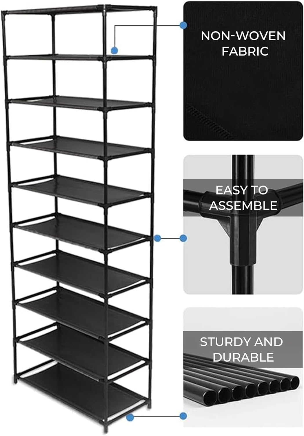 BTHTRCZ 10 Tiers Shoes Rack Storage Organizer,Metal Shoe Rack Holds 50 Pairs Shoe,Large Shoe Rack with Black Metal Frame for Entryway,Living Room,Garage (10-Black)