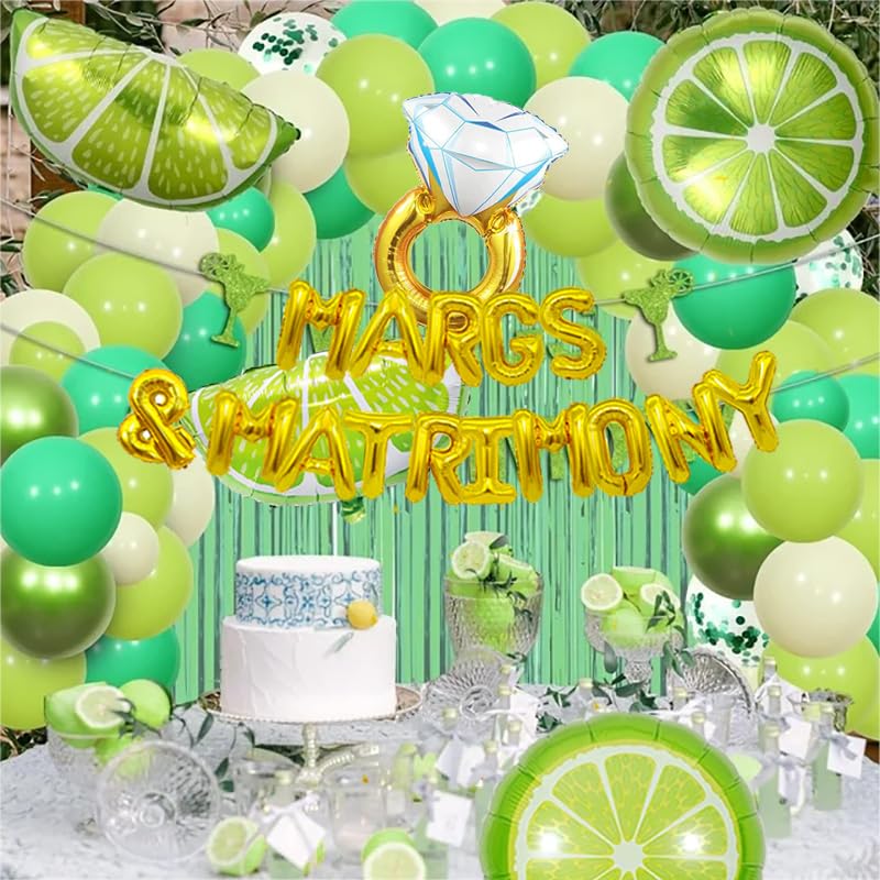 Margs and Matrimony Bachelorette Party Decorations,20pcs Marg Margarita Banner Lime and Diamond Ring Balloons, Mexican Fiesta Cinco De Mayo Backdrop,Taco Bar Decor for Carnival Bridal Shower Supplies