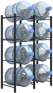 mocomax 5 gallon water jug rack, detachable water bottle holder for 8 bottles, 4 tier heavy duty water cooler jug rack, water bottle organizer storage rack for kitchen, office, living room, black