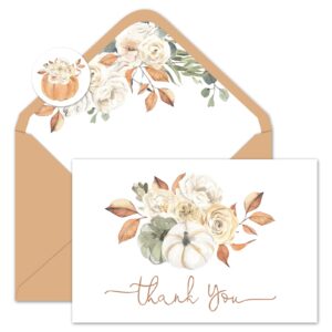 whaline 50 pack fall thank you cards bulk watercolor autumn floral pumpkin note cards with envelopes stickers retro blank cards for thanksgiving harvest wedding baby bridal shower