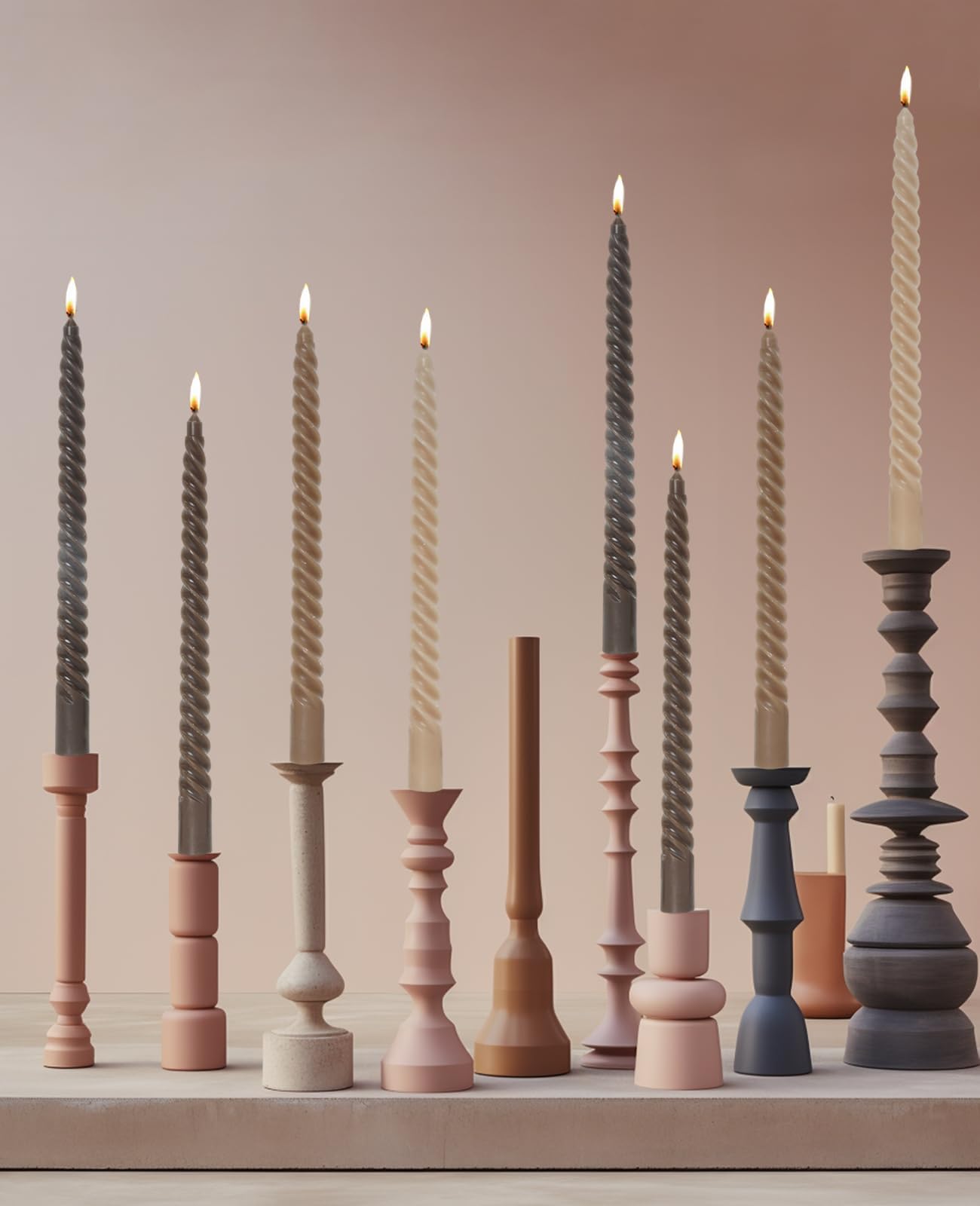 LPUSA Brown Tall Taper Candles Spiral Candle Sticks,Unscented Pastel Candle for Holiday,Wedding and Home Decoration,10inch,12 Pack(E-Gradient Brown)