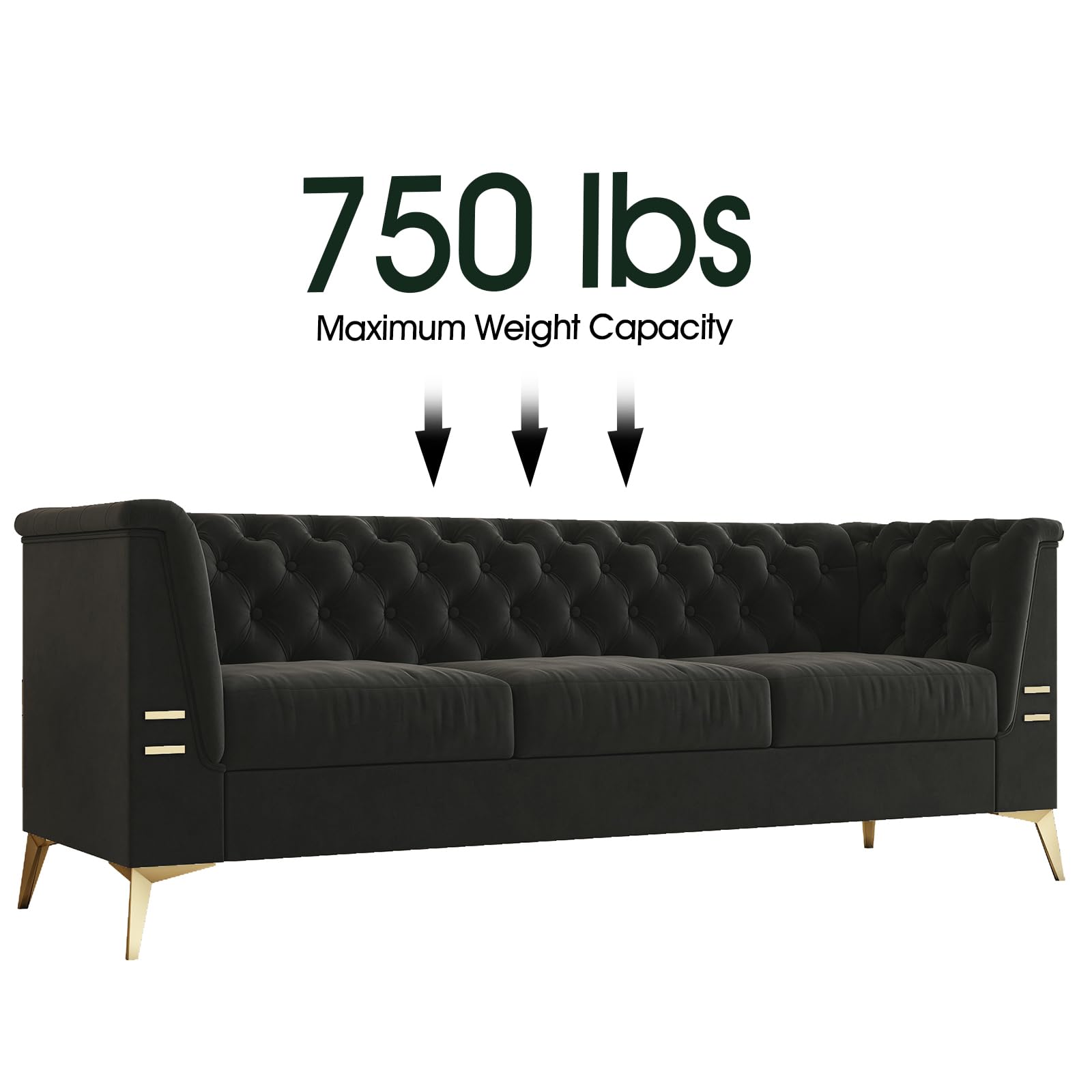 3 Seat Velvet Sofa Couch Modern Chesterfield Button Tufted Couches Comfy Contemporary Black Velvet Upholstered Sofas 83 Inch 3 Person Fashion with Metal Legs Couches for Living Room Office Furniture