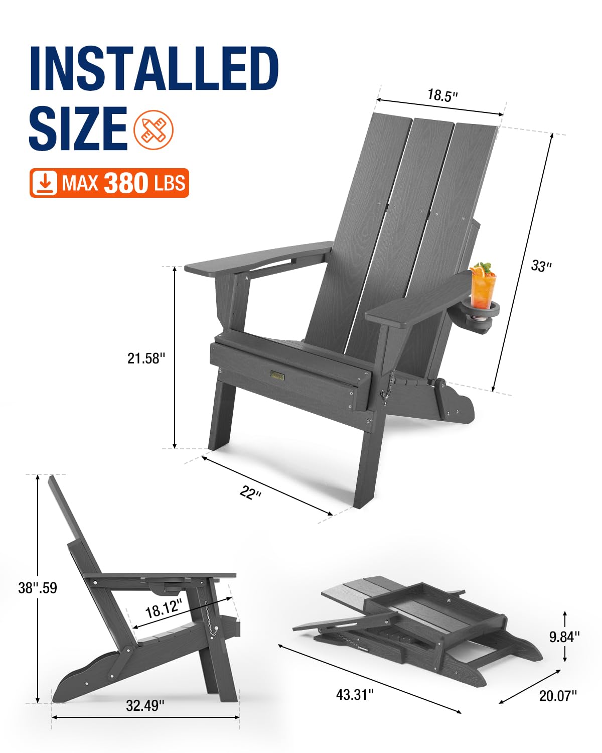 POWERWOOD Modern Adirondack Chair, Oversized HDPE Folding Adirondack Chairs Wood Texture, Higher Back All Weather Plastic Adirondack Chair Set with Cup Holder, Fire Pit Chairs for Outdoor Patio (Grey)