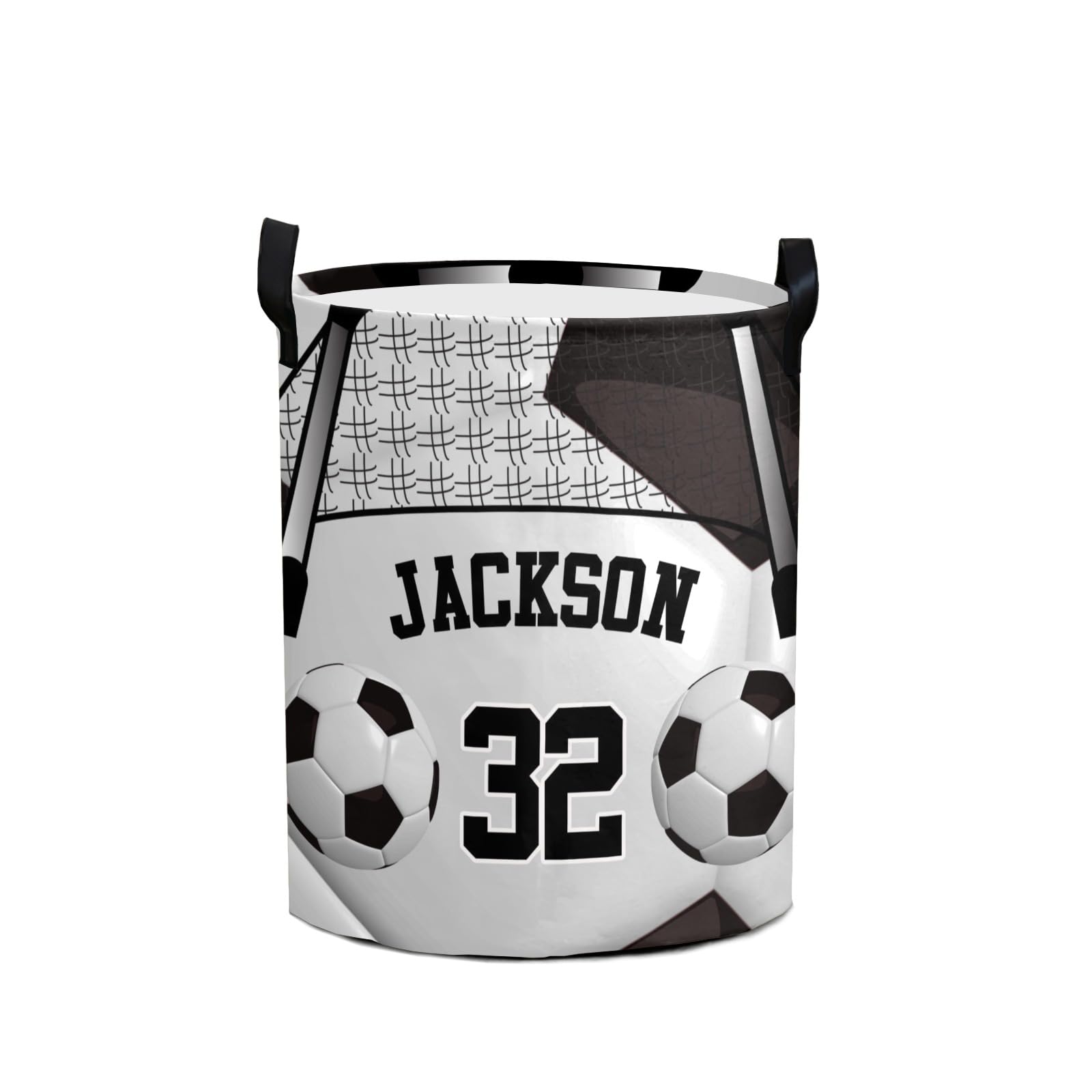 Custom Laundry Hamper,Soccer Sport Black Laundry Basket Round Clothes Storage Basket for Bedroom, 14.17x19.68 in