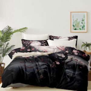 ccoutuechen king black pink cherry blossom duvet cover japanese style cherry blossoms duvet cover set 3pcs vintage floral bedding set with zipper closure 4 ties (2 pillowcases, no comforter)