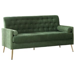 60” couch sofa,mid century modern upholstered loveseat sofa tufted small sofa love seat couch track armrest with 2 bolster pillows for small space living room bedroom apartment, green chenille