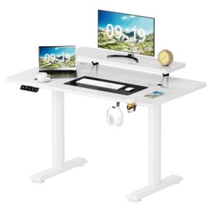 yeshomy electric standing desk with monitor shelf, 47 x 24 inches height adjustable corner table, computer workstation with cup holder and hook for home office, white