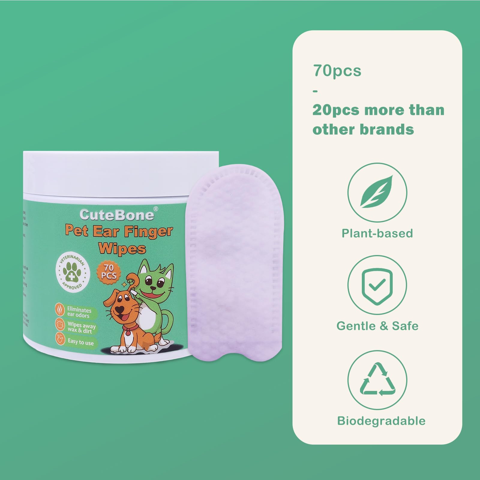 CuteBone Pet Ear Finger Wipes 70 Count - Gentle and Effective Ear Cleaning Wipes for Dogs and Cats, Removes Wax, Dirt, and Odor, Prevents Ear Infections, Natural Ingredients, Safe and Easy to Use