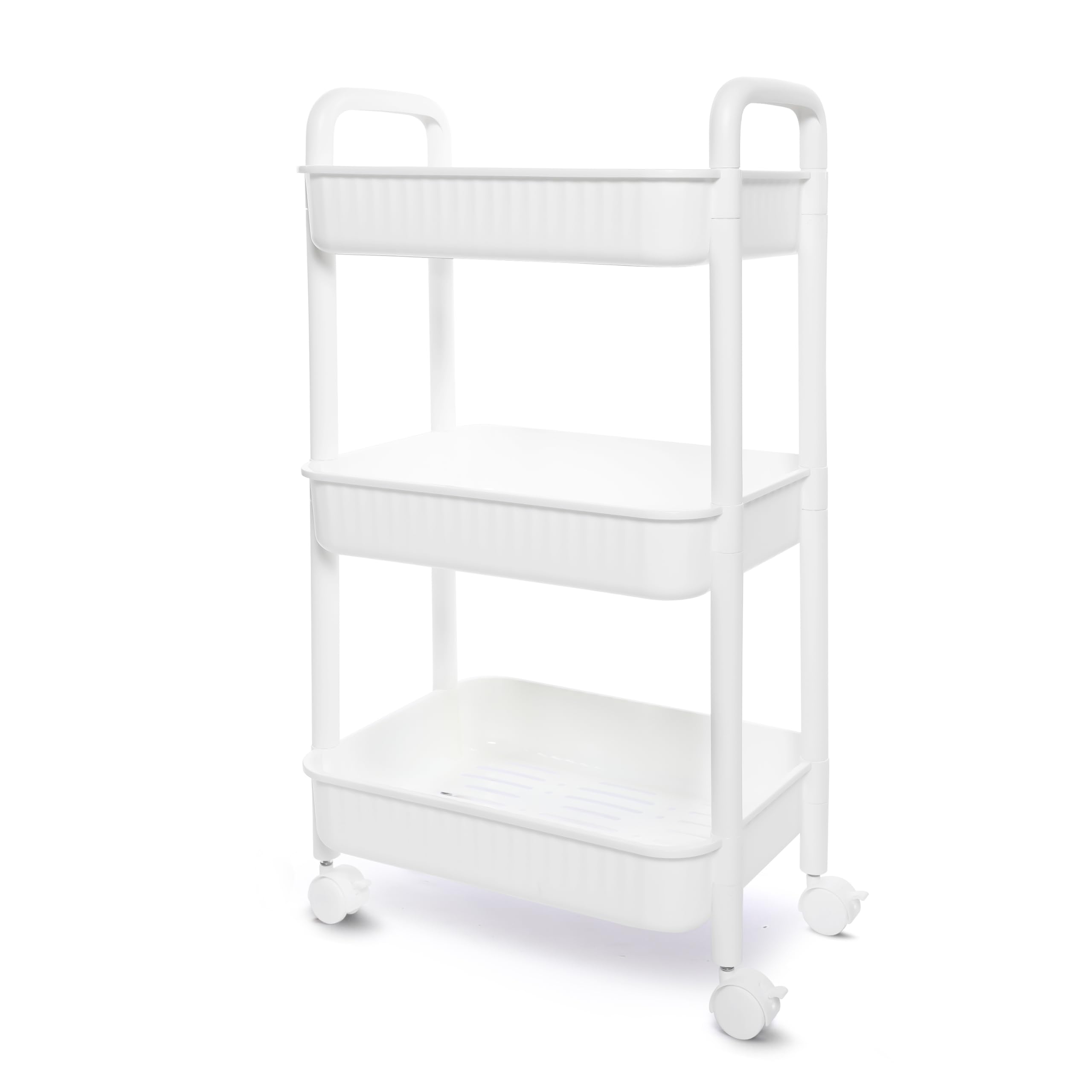 YSSOA Rolling Storage Cart, 3 Tier Slim Mobile Shelving Unit 360° Rotating Wheel Lockable Utility Cart, Ideal for Office, Kitchen, Bathroom, Laundry and Narrow Spaces, White