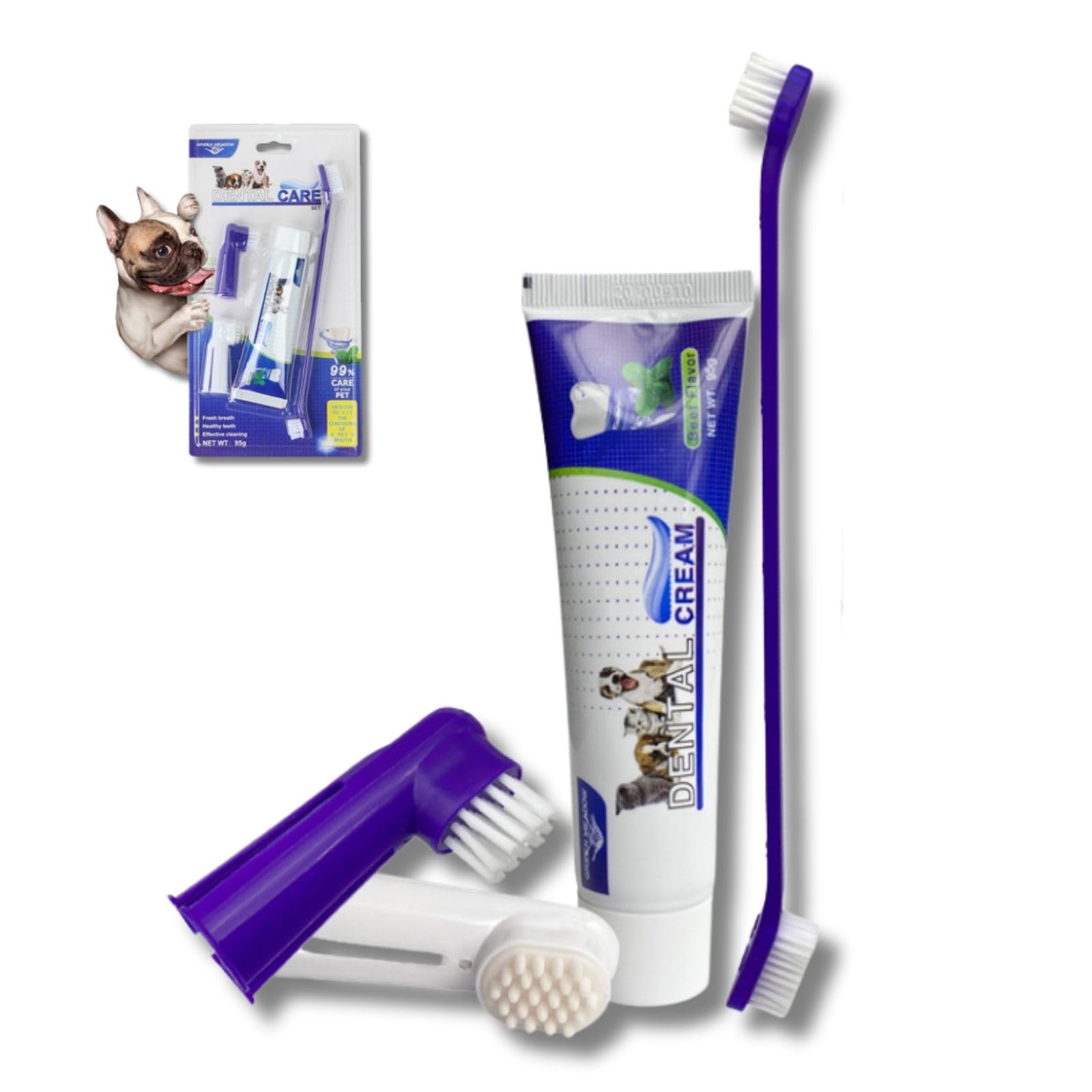 Pet Dog Dental Care Fresh Breath Kit with Dog Toothpaste, Dog Toothbrush and Finger Brush, Reduces Plaque & Cleans Tartar, Healthy & Clean Dog Teeth, Pet Toothpaste, Beef Flavor