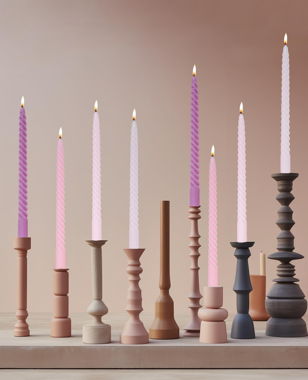 LPUSA Brown Tall Taper Candles Spiral Candle Sticks,Unscented Pastel Candle for Holiday,Wedding and Home Decoration,10inch,12 Pack(E-Gradient Brown)