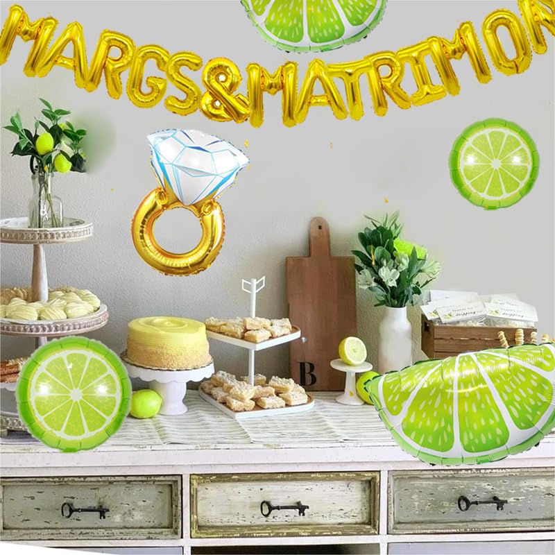 Margs and Matrimony Bachelorette Party Decorations,20pcs Marg Margarita Banner Lime and Diamond Ring Balloons, Mexican Fiesta Cinco De Mayo Backdrop,Taco Bar Decor for Carnival Bridal Shower Supplies