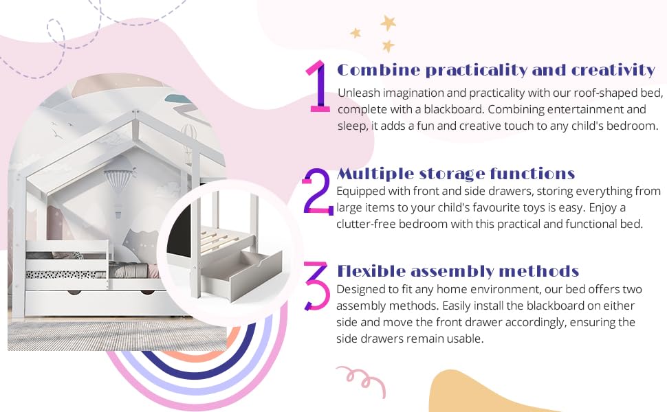 DNYN Twin Size House Bed with Storage Drawers for Kid Bedroom,Solid Wood Platfrom Bedframe w/Blackboard Design,Super Save Space & No Box Spring Needed, White