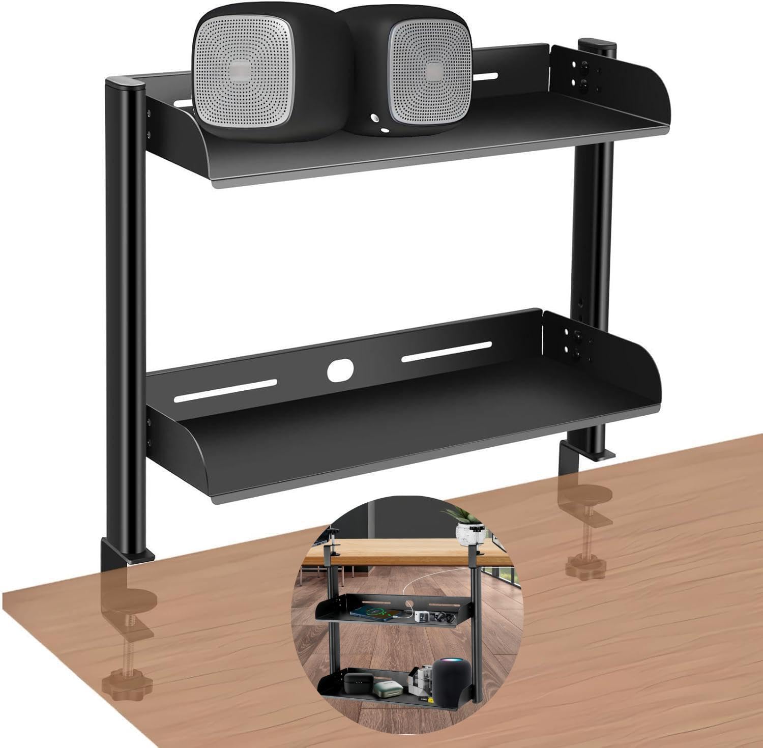 CanKing Clamp On Desk Shelf Black Clip Above or Under Table Shelves Light-Weight 2 Tier 6" D x 16" W x 16" H