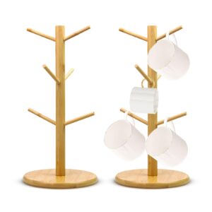 lilingsty 2pcs wooden mug holder tree,wooden mug rack tree coffee tea cup organizer removable with 6 hooks for kitchen countertopand storage mug hooks(natural)