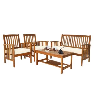 vingli outdoor patio furniture, 4 piece acacia wood sofa set w/coffee table, patio table and chairs set, outdoor patio lounge conversation set for deck, backyard, balcony