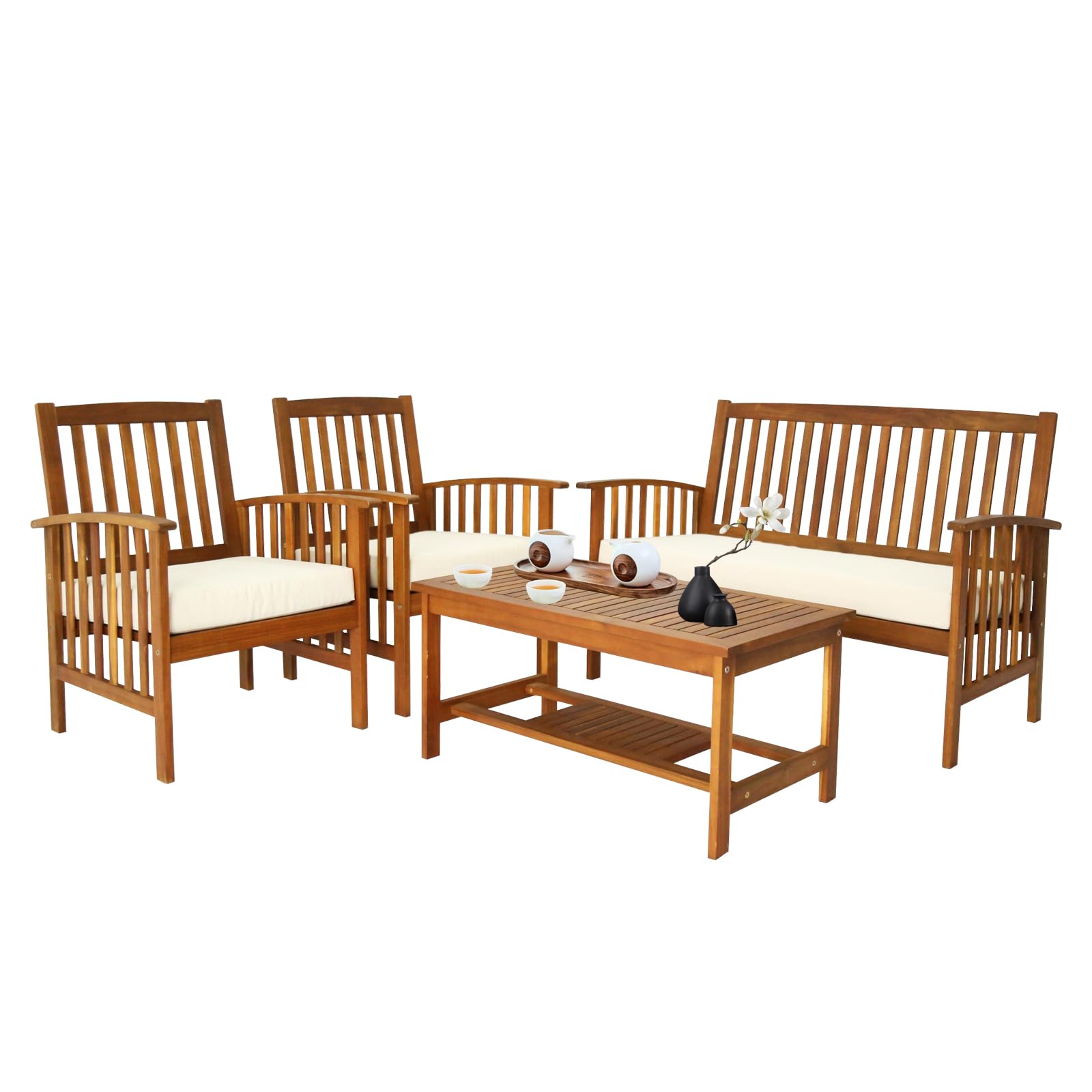 VINGLI Outdoor Patio Furniture, 4 Piece Acacia Wood Sofa Set w/Coffee Table, Patio Table and Chairs Set, Outdoor Patio Lounge Conversation Set for Deck, Backyard, Balcony