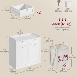 VASAGLE Bathroom Laundry Cabinet with Basket, with 2 Drawers and 2 Hidden Laundry Hampers, Freestanding, Tilt-Out Laundry Baskets with Handles, 15.8 x 31.1 x 31.5 Inches, Cloud White UBBC751W01