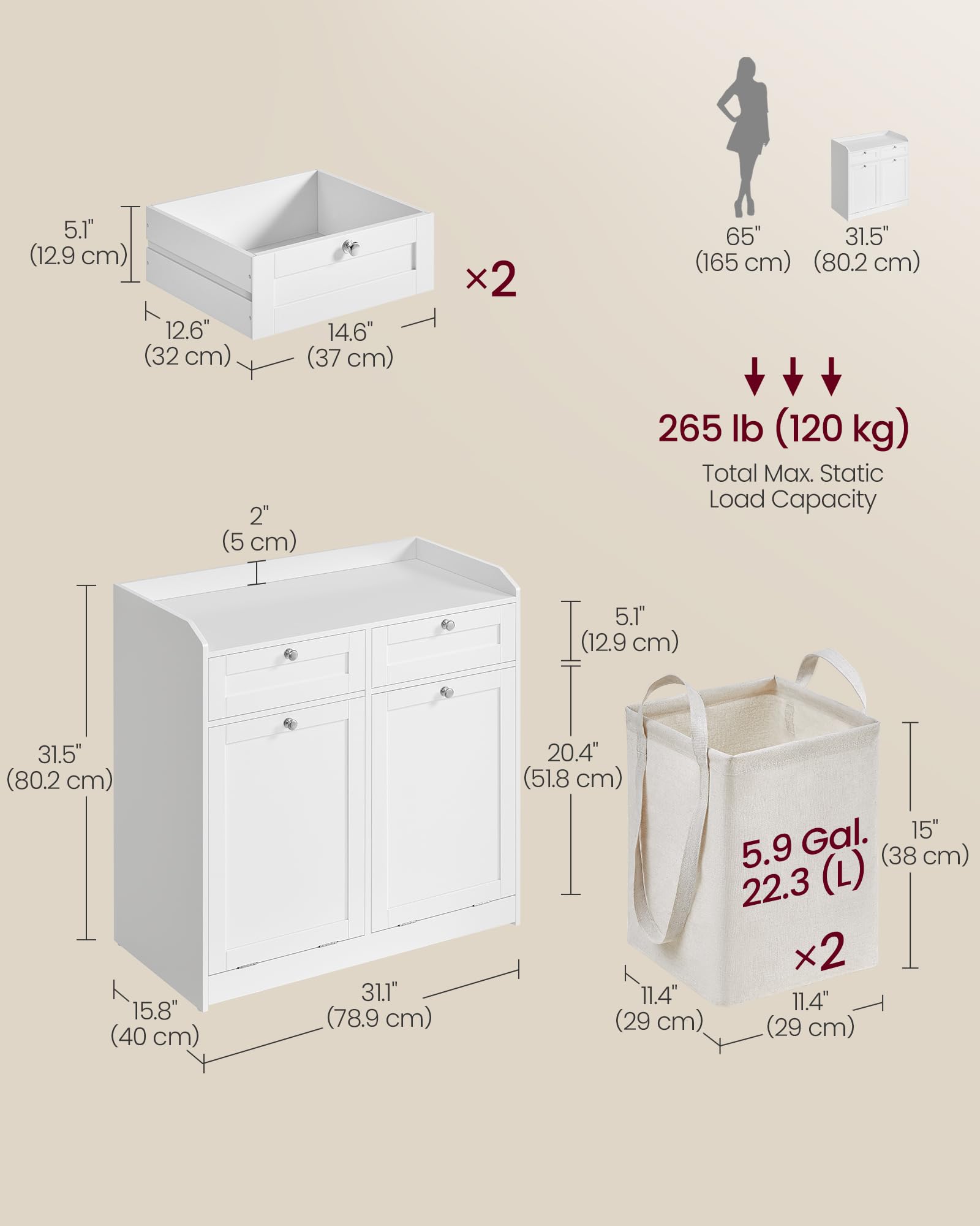 VASAGLE Bathroom Laundry Cabinet with Basket, with 2 Drawers and 2 Hidden Laundry Hampers, Freestanding, Tilt-Out Laundry Baskets with Handles, 15.8 x 31.1 x 31.5 Inches, Cloud White UBBC751W01