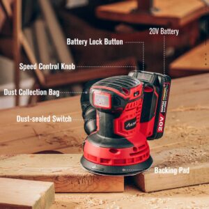 AVID POWER 20V Cordless Orbital Sander 5 Inch Electric Sander Tool with 6 Variable Speeds 7000-11000 RPM Battery Powered Sanders for Woodworking, 30 Pcs Sandpapers and Dust Collection Bag