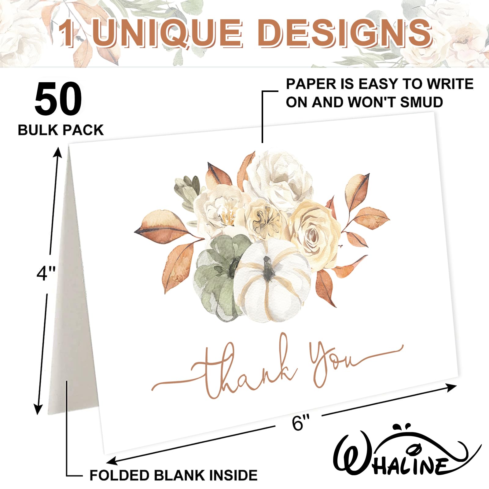 Whaline 50 Pack Fall Thank You Cards Bulk Watercolor Autumn Floral Pumpkin Note Cards with Envelopes Stickers Retro Blank Cards for Thanksgiving Harvest Wedding Baby Bridal Shower