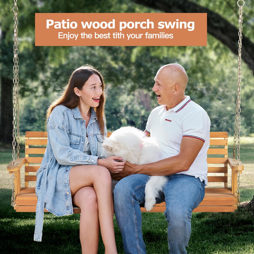 Panana Acacia Wood Porch Swing 2-Seater Outdoor Wooden Swing Bench with Hanging Chains for Garden Backyard Deck Patio