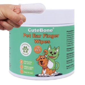 cutebone pet ear finger wipes 70 count - gentle and effective ear cleaning wipes for dogs and cats, removes wax, dirt, and odor, prevents ear infections, natural ingredients, safe and easy to use