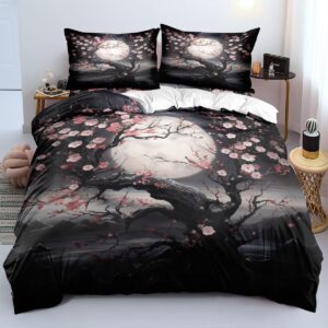 CCoutueChen King Black Pink Cherry Blossom Duvet Cover Japanese Style Cherry Blossoms Duvet Cover Set 3Pcs Vintage Floral Bedding Set with Zipper Closure 4 Ties (2 Pillowcases, No Comforter)