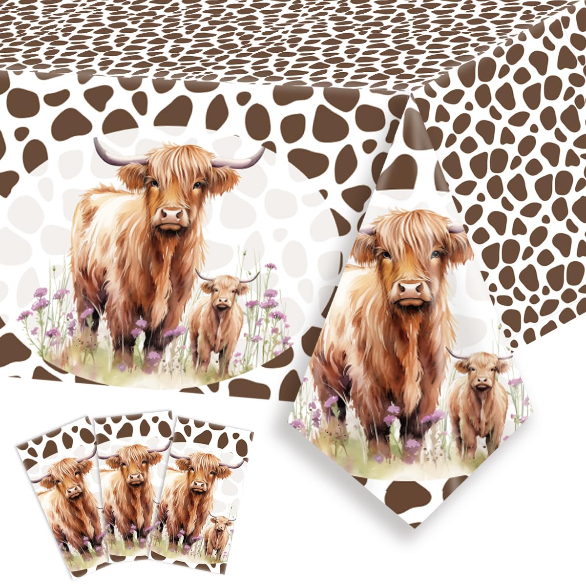 3Pcs Highland Cow Tablecloth Brown Cow Print Table Cover Kids Birthday Party Disposable Rectangle Plastic Waterproof for Baby Shower Decorations 54 x 108 inches