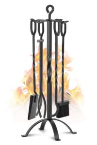 gtongoko fireplace tools set 5 pieces 32 inch modern black wrought iron large fire tool set for outdoor/indoor include chimney poker, tongs, shovel, brush and stand accessories set