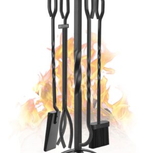 Gtongoko Fireplace Tools Set 5 Pieces 32 Inch Modern Black Wrought Iron Large Fire Tool Set for Outdoor/Indoor Include Chimney Poker, Tongs, Shovel, Brush and Stand Accessories Set